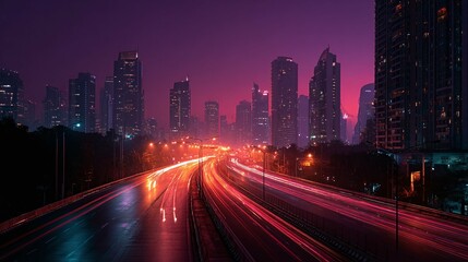 Fototapeta premium City skyline at night with blurred lights from traffic on a highway.