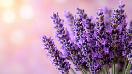 Obraz premium Lavender Bouquet:Close-up view of a bunch of fragrant lavender flowers, showcasing their delicate purple hues and intricate details. The soft, blurred background enhances the flowers' beauty.