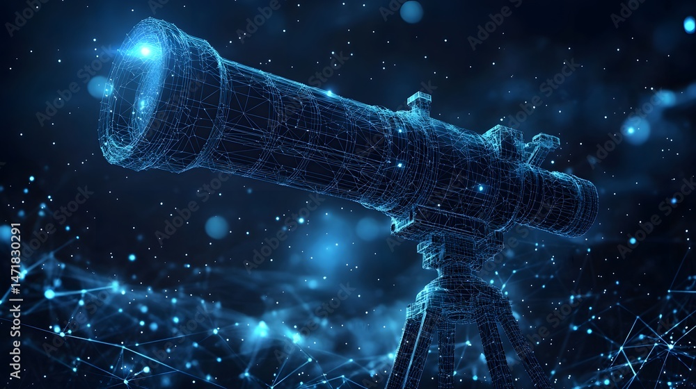Leinwandbilder a futuristic wireframe telescope scans a glowing nebula, interconnected lines suggesting cosmic netw
