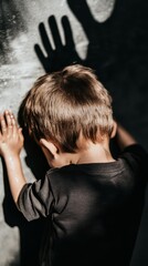 A small child raises his hand, defends himself. Behind the silhouette of an adult who raised his hand. Homemade meadow, fear.