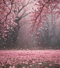 Fototapeta premium Falling sakura petals create ethereal pink shower, blurry spring backdrop , springtime, pastel, falling