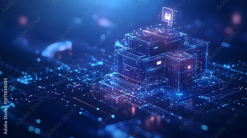 Aufkleber Abstract tech structure made of glowing blue lines and light dots, resembling a data network. The mountain icon atop a layered cube design evokes innovation. Abstract dark blue wireframe