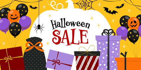 プレゼントとバルーン装飾のハロウィンセールバナー_文字あり_ベクターイラスト