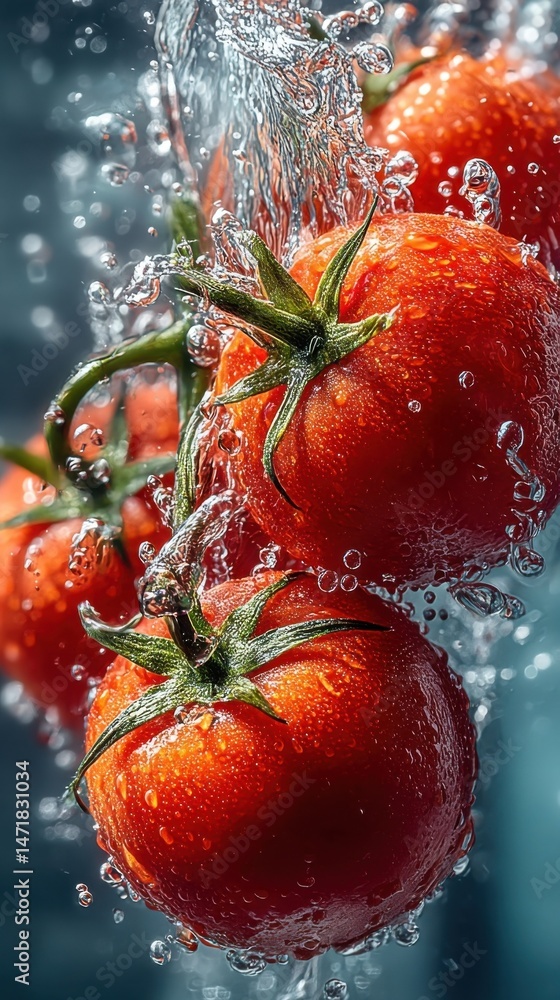 Poster juicy red tomatoes falling into water, splashing, creating dynamic droplets and vibrant colors. fres