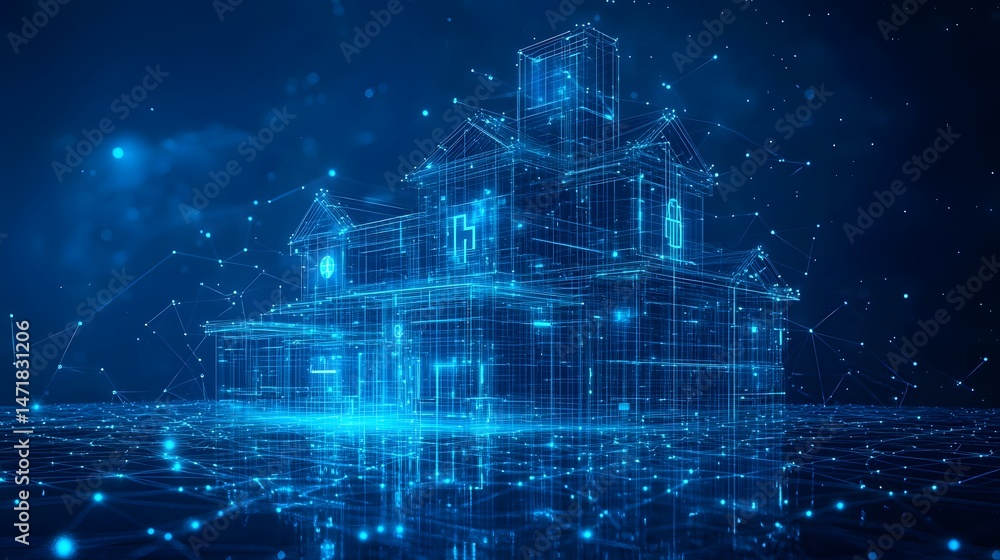 Poster futuristic wireframe house rendered in glowing blue, a digital smart home concept. connected network
