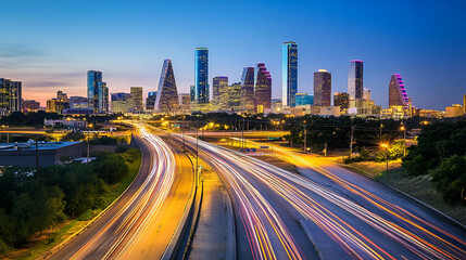Night City Skyline with Highway Traffic and Bright Lights