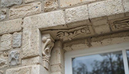 Obraz premium Decorative Window with Artistic Gargoyle Design in Historic Building