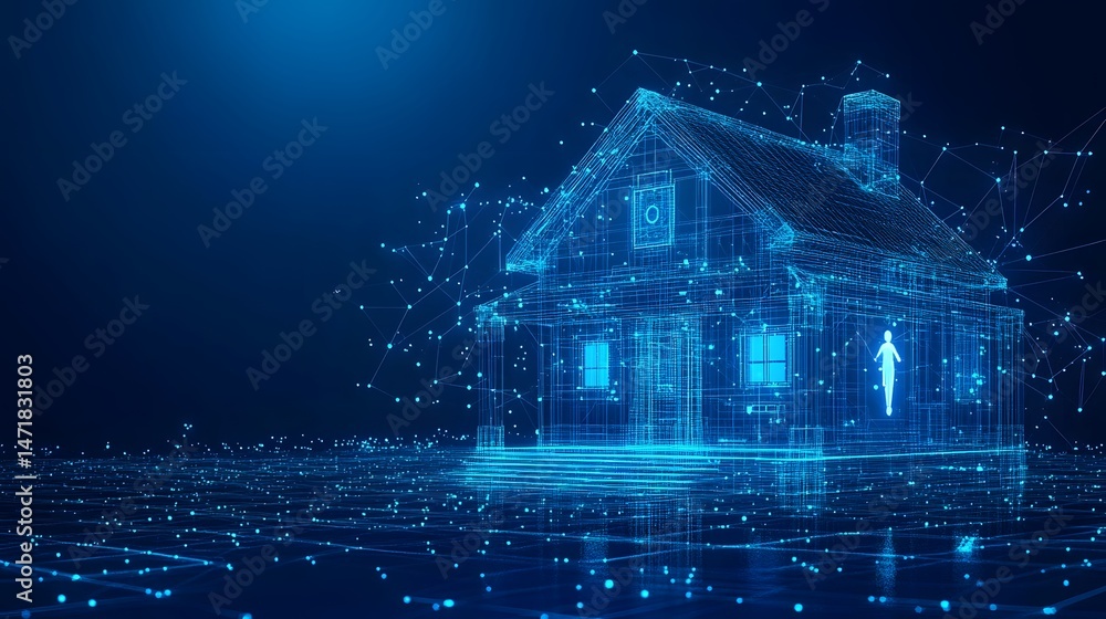 Aufkleber futuristic blue wireframe house with digital human hologram. modern, high-tech design evokes innovat