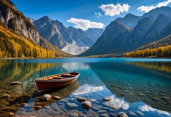 Obraz premium There is a boat sitting on the shore of the lake