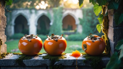 Four ripe persimmons resting on a lush, green moss covered ledge, ideal for food blogs, healthy lifestyles, autumn themes, or organic concepts.