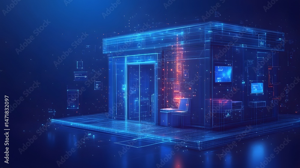 Poster futuristic blue wireframe building with glowing elements and reflective floor. high-tech design idea