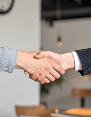 Close-up of two businessmen shaking hands at a coffee shop cafe.