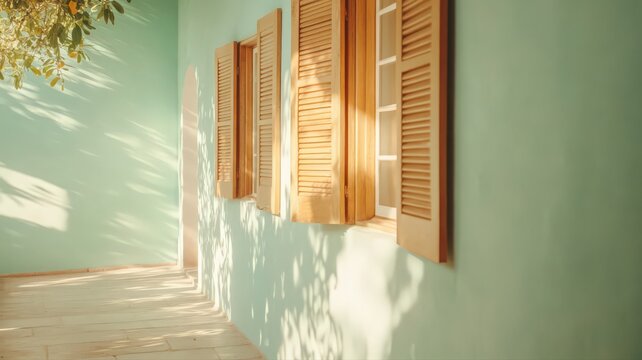 Minimalist Abstract Pattern of Wooden Slats on a Pastel Green Wall