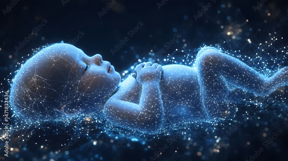 Aufkleber a stylized, digital newborn rendered in blue tones, suggesting a futuristic concept. interconnected 