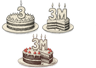 3M celebration cakes with candles in vintage engraving style, whole and sliced layered designs on plates