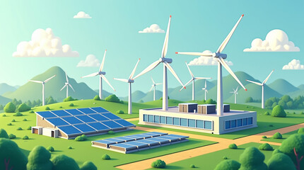 isometric combines wind turbines, solar panels and battery storage in an eco-friendly industrial landscape.