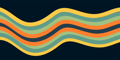 Abstract colorful 70s background vector. Vintage retro wallpaper with rainbow stripes and wavy lines. A 1970 color illustration suitable for posters, banners, decorative items and wall art.