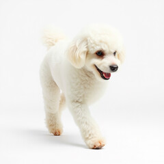 Obraz premium Cute white dog walking indoors during daylight in a bright and cheerful setting