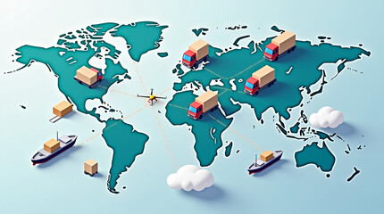 Isometric map of warehouses, delivery trucks, drones, and cargo ships connected via GPS and cloud networks.
