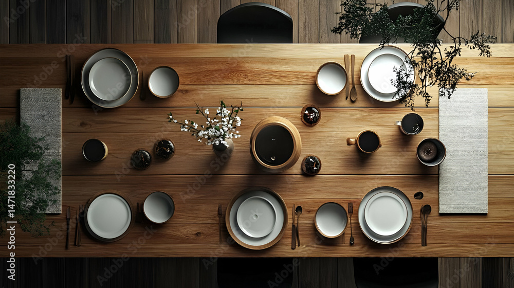 Poster overhead view of elegant rustic dining table setting