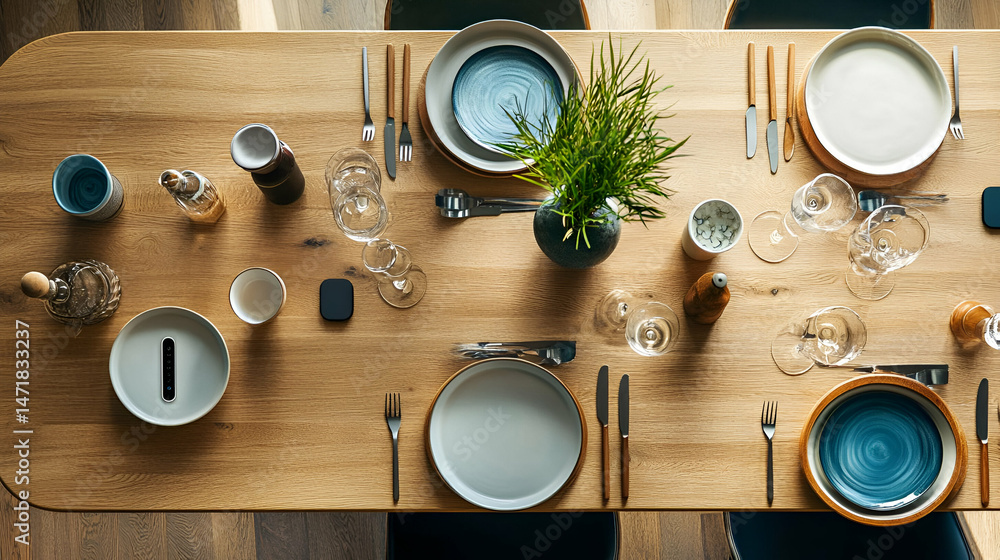 Poster overhead view of elegant table setting with blue and grey plates on wooden table