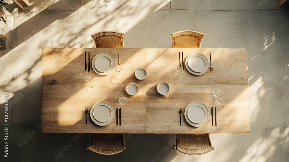 Poster overhead view of minimalist dining table setting with sunlight