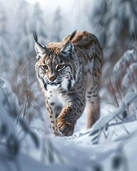 Obraz premium A wild feline lynx, a mammal and predator with striking eyes, braves the winter snow in its nature portrait