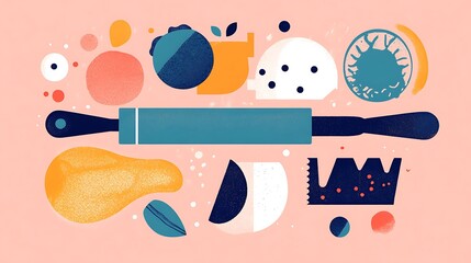 Baking tools with abstract food art.