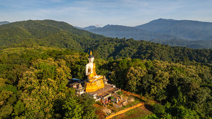 Aerial view of A majestic golden Buddha statue surrounded by lush green trees, set against a...
