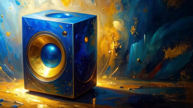 Vibrant Blue and Gold Speaker Abstract Art Digital Painting Modern Audio Cube