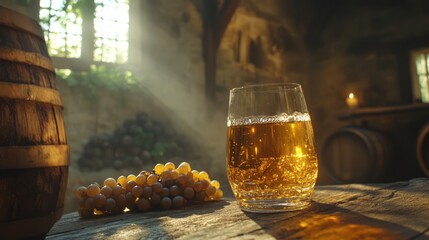 Illuminated interior scene with drink and grapes.