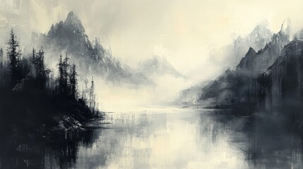 Misty mountain range landscape painting, rendered in grayscale tones.
