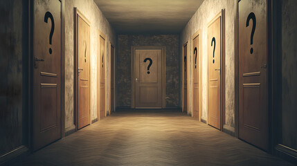 Mysterious Corridor with Question Mark Doors Creating Intrigue and Uncertainty