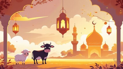 Idul Adha Vector Illustration with Mosque, Lantern, Cow, and Sheep in Warm Sunset Colors