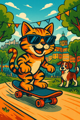 coole Katze mit Sonnenbrille auf einem Skateboard, durch Salzburg Stadt skatet