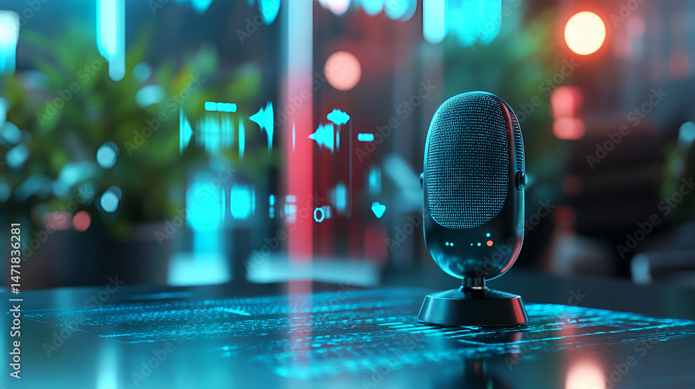 Poster retro microphone with futuristic neon lighting and data streams