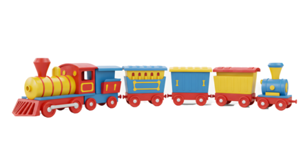 A colorful toy train with red, blue, and yellow cars is set against a white backdrop, evoking feelings of childhood fun and imagination.