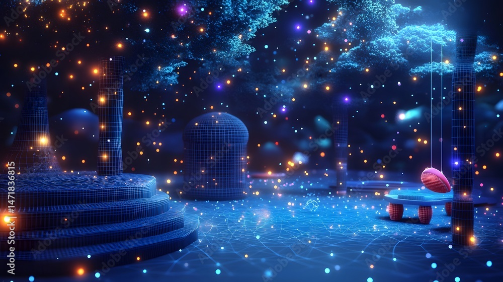 Fototapete explore a mesmerizing digital realm! glowing wireframe objects create an ethereal atmosphere. a futu