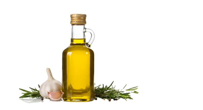 A glass bottle filled with yellow liquid, rosemary sprigs, and a bulb of garlic on a black backdrop. The liquid looks thick and viscous.
