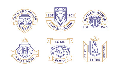 Heraldic emblems set. Faith and Honor, Timeless Glory, Heritage Honor, Royal Bond, Loyal Family logos isolated on white background. Vector illustration.