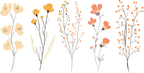 Beautiful romantic flower collection with roses, A beautiful watercolor illustration featuring abstract teal and gold flowers on a white background.