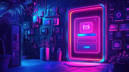 Futuristic email login portal in a vibrant, digital interior