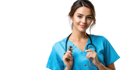Compassionate healthcare professional: A young woman, clad in professional scrubs, holds a stethoscope, radiating empathy and medical care. She has beautiful eyes, symbolizing wellness and trust.