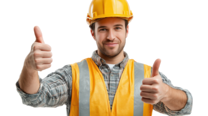 Thumbs Up from the Builder: A confident construction worker, complete with hard hat and safety vest, flashes a double thumbs up, radiating positivity and assurance.