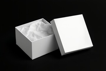 Open Gift Box Mockup with Tissue Paper Inside on Black Background