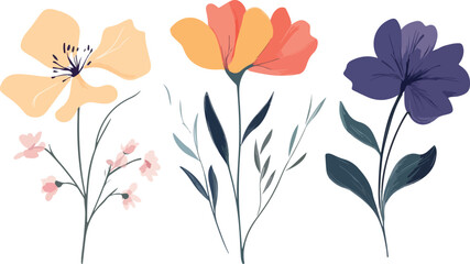 Floral border with blooming flowers.  Set of spring modern backgrounds with minimalist geometric flowers