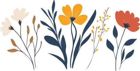 Watercolor wild flowers hand drawn floral illustration set on white background, Collection of spring colorful flower elements vector. Floral boarder of wildflower, 