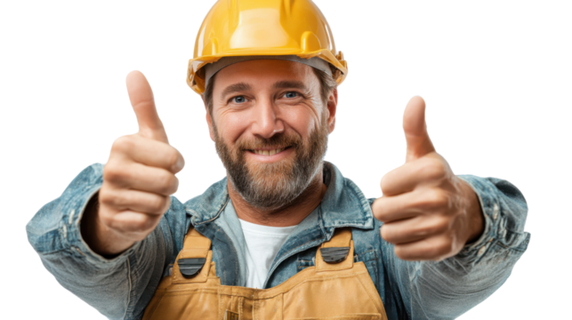 Thumbs Up: A cheerful construction worker with a beaming smile offers a double thumbs-up gesture, symbolizing approval, positivity, and achievement. He radiates confidence and optimism.