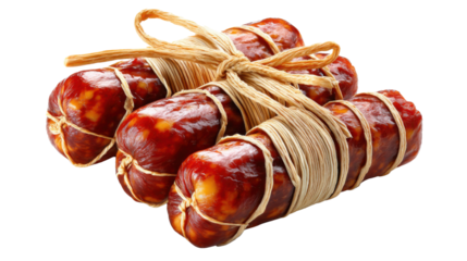 Rustic Chorizo: A close-up, high-angle shot displays a set of perfectly cured chorizo sausages, bound with natural twine. The image highlights the texture and rich colors of this culinary delight.