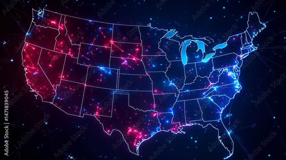 Poster usa network map: abstract glowing points and lines